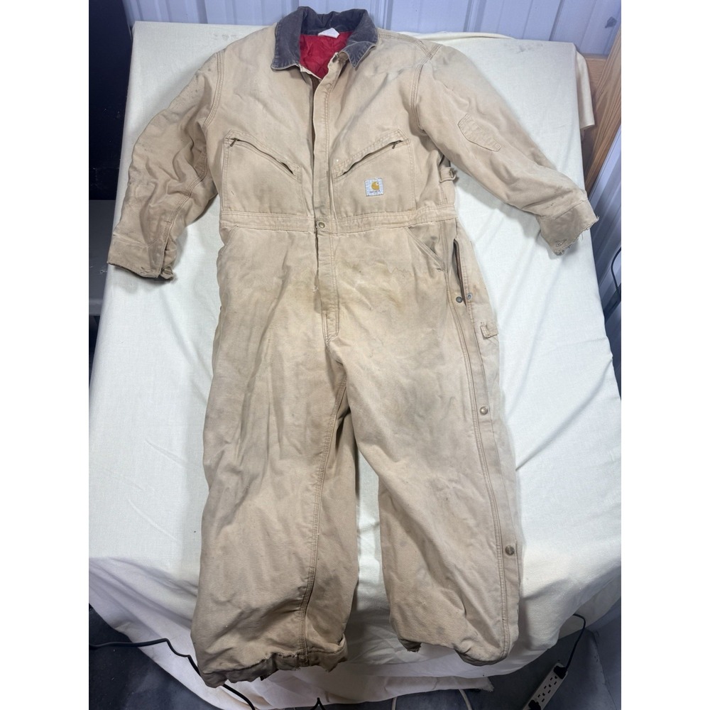 Vintage Carhartt 48 XL Insulated Duck Coveralls Tan Red Quilt Lined Workwear